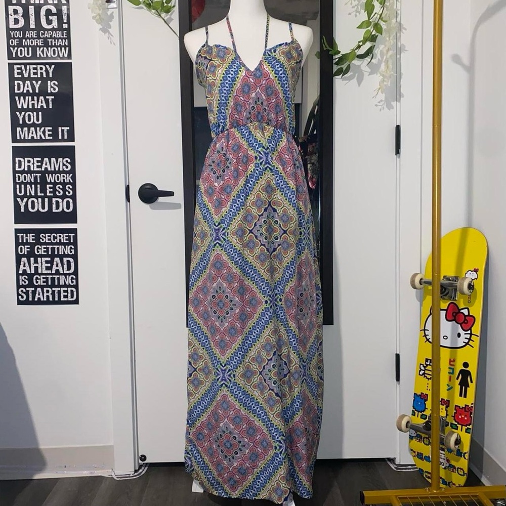 Peach royal 70s psychedelic bohemian fairycore tropical floral beach dress
